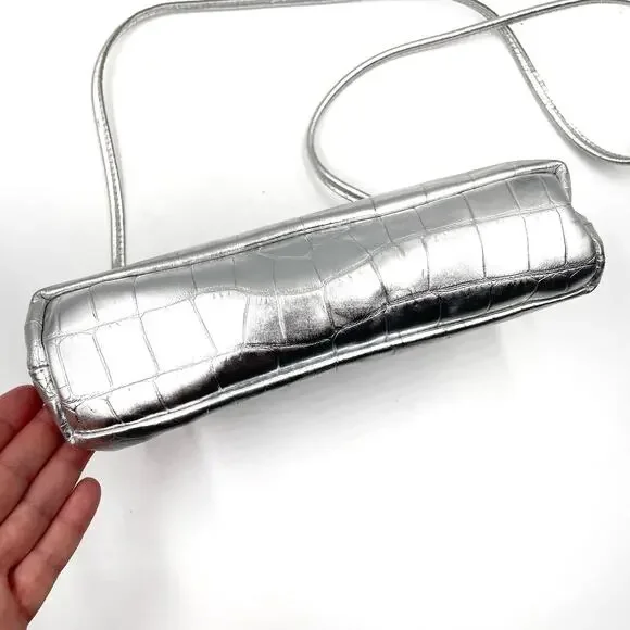 Mansur Gavriel Mini Cloud Clutch Bag Silver Metallic Leather Crossbody Strap - Picture 8 of 15